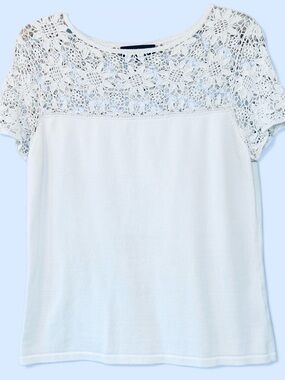 Crochet Lace Tee Jones New York Signature Short Sleeves Sz L White